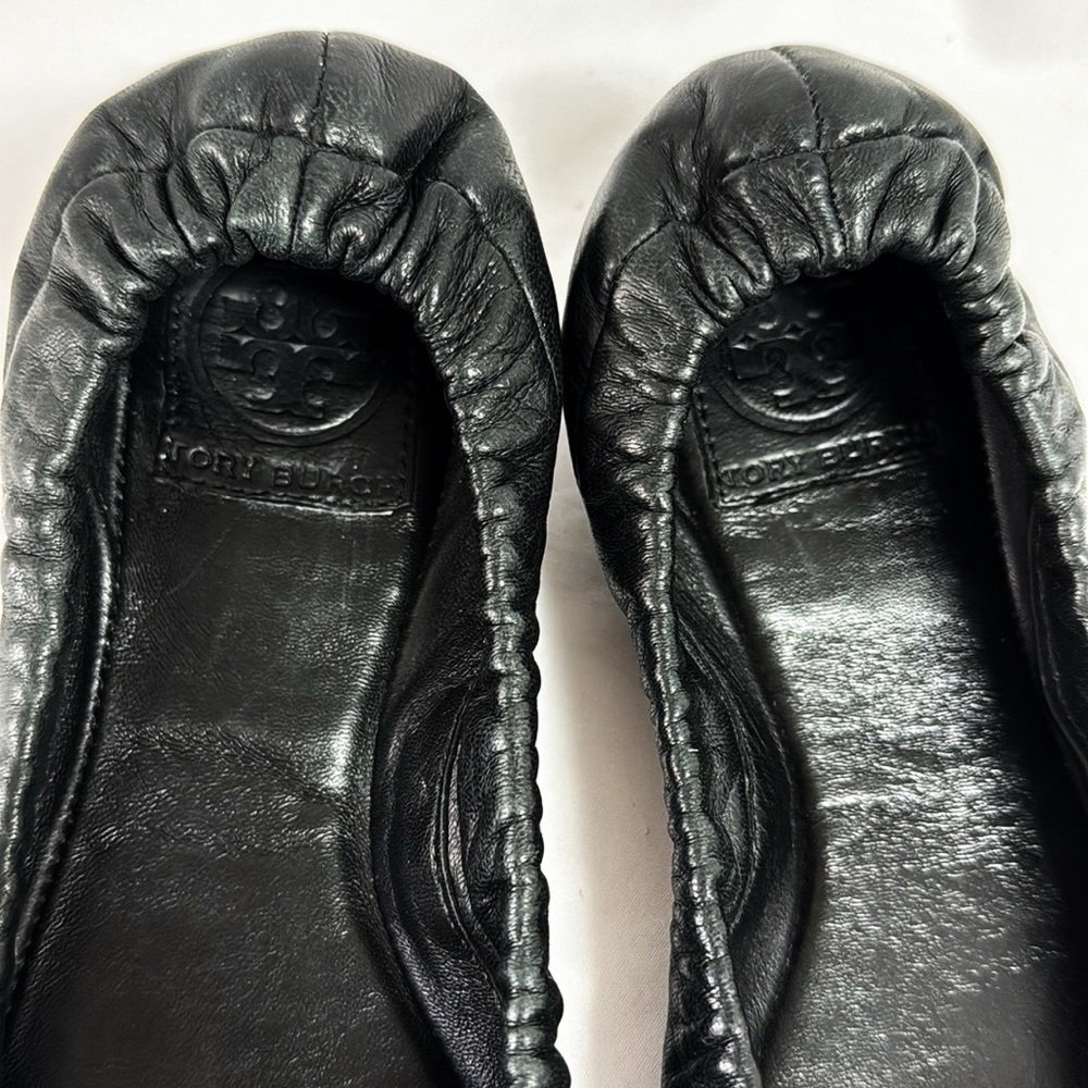 TORY BURCH “Katie” Black Leather Ballet Flats With Gold Glitter Toe Size 7 - Picture 6 of 10